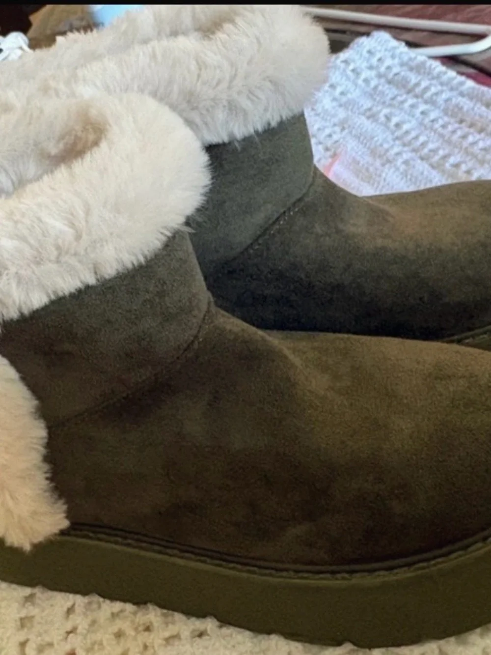 Time and Tru Olive Suede Ankle Booties with Cream Faux-Fur Cuff